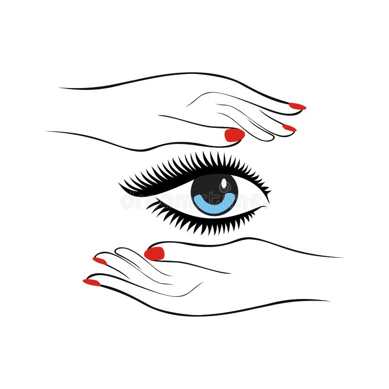 Fashion or health care concept. Female hands with red manicure protect women eye with long lashes. Vector illustration. Fashion or health care concept. Female hands with red manicure protect women eye with long lashes. Vector illustration.
