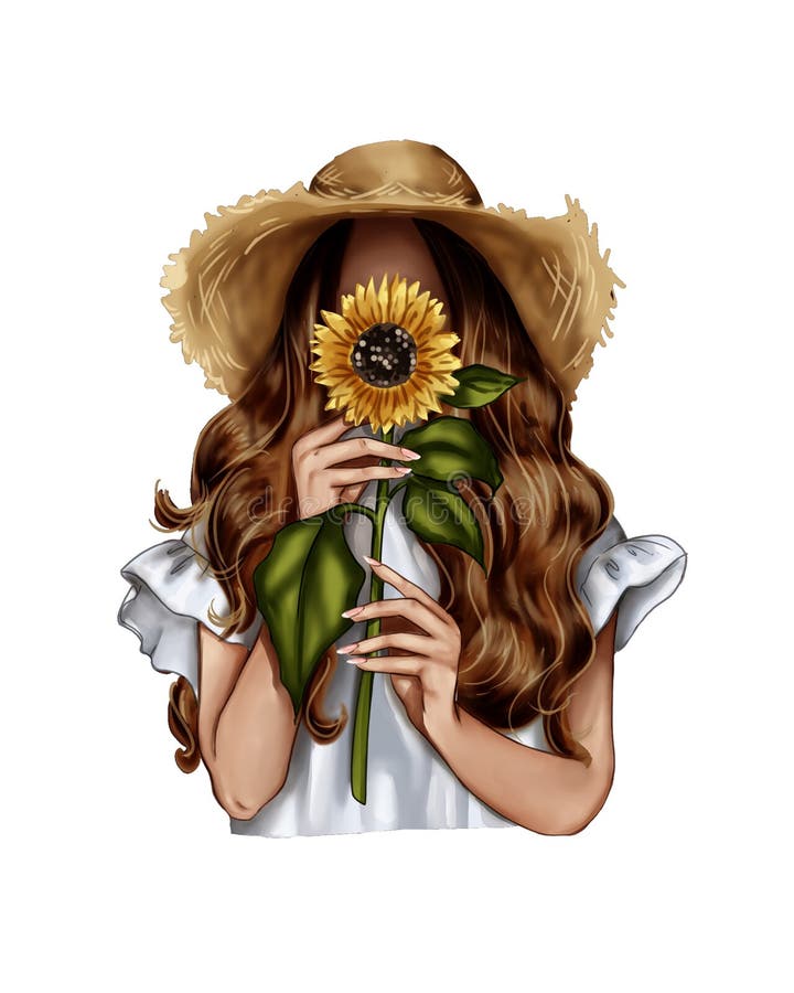 Mode-Illustration - Mädchen, das eine Sonnenblume hält - Frau Porträt vektor abbildung
