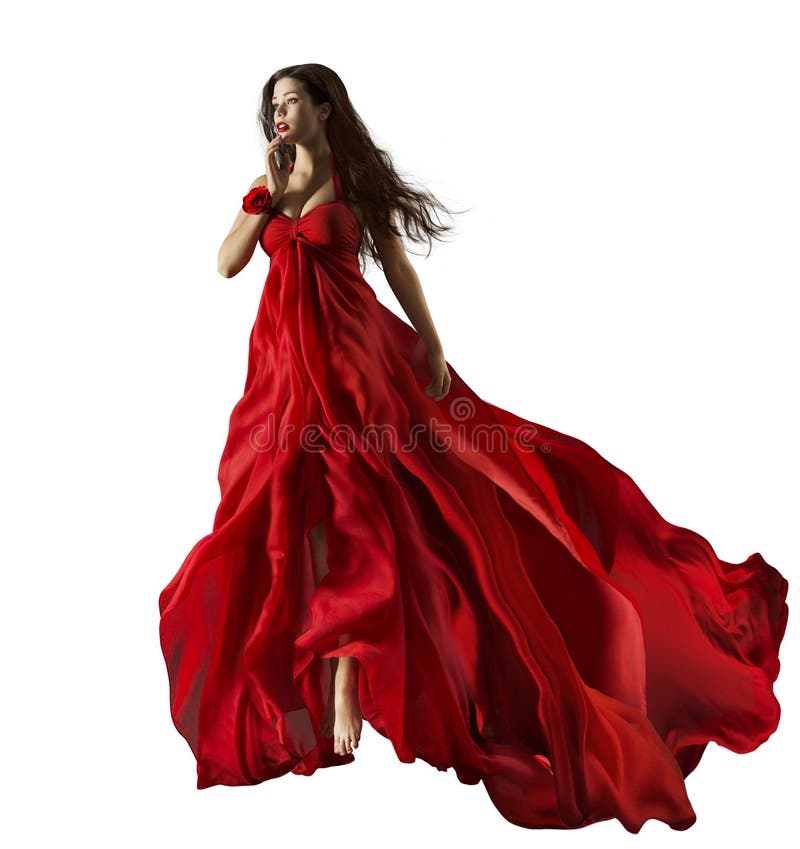 Mode-Modell im roten Kleid, wellenartig bewegendes Kleid des Schönheitsporträts