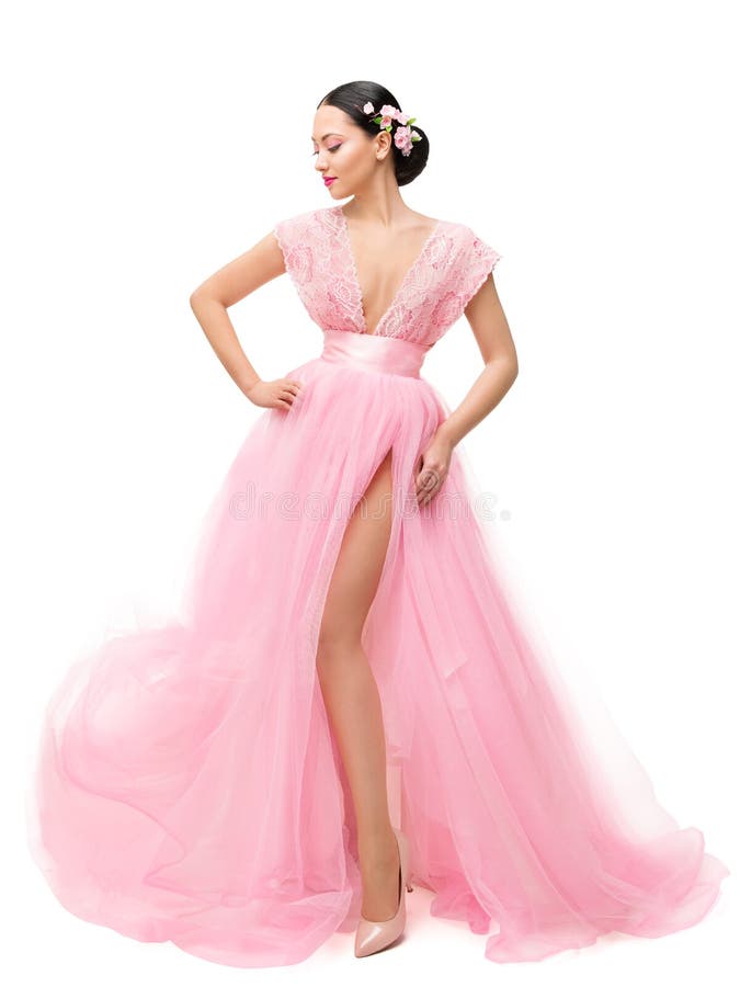 Mode-Modell in langer Ping Dress, Asiatin-Schönheits-Ganzaufnahme im Kleid auf Weiß lizenzfreie stockfotografie Mode-Modell in langer Ping Dress, Asiatin-Schönheits-Ganzaufnahme im Kleid auf Weiß lizenzfreie stockfotografie