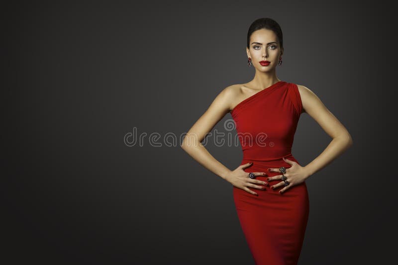 Mode-Modell Red Dress, elegante Frau im sexy Abend-Kleid stockfotografie