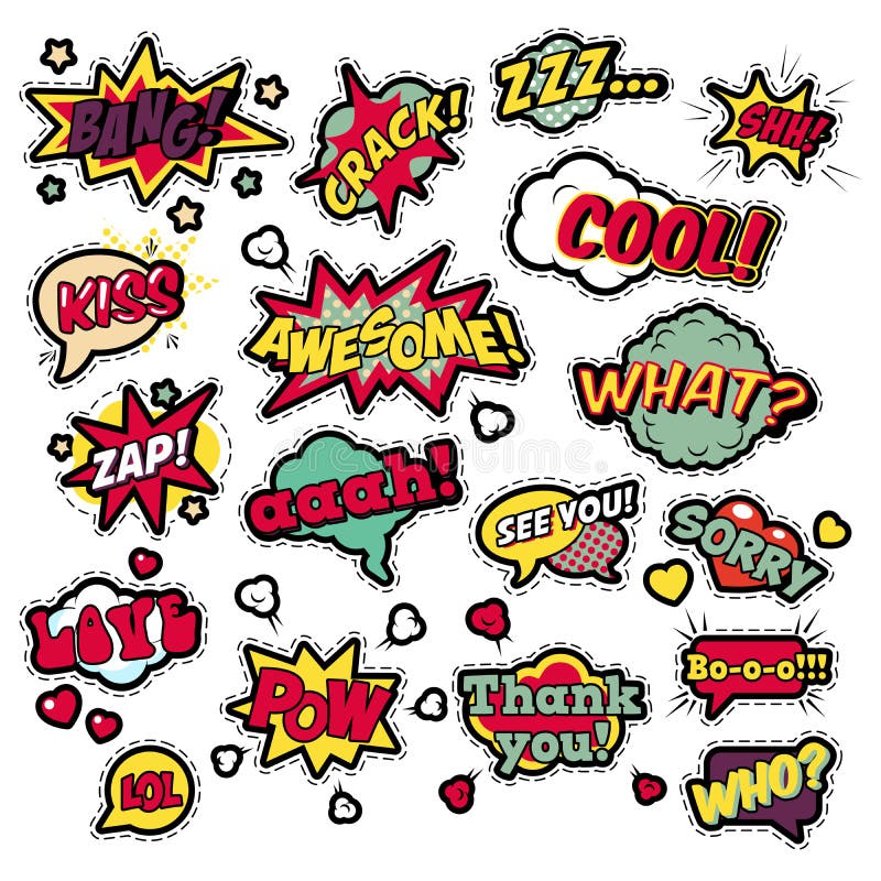 Modeemblem, lappar, klistermärkear i popet Art Comic Speech Bubbles Set med halvton prack kalla former stock illustrationer Modeemblem, lappar, klistermärkear i popet Art Comic Speech Bubbles Set med halvton prack kalla former stock illustrationer