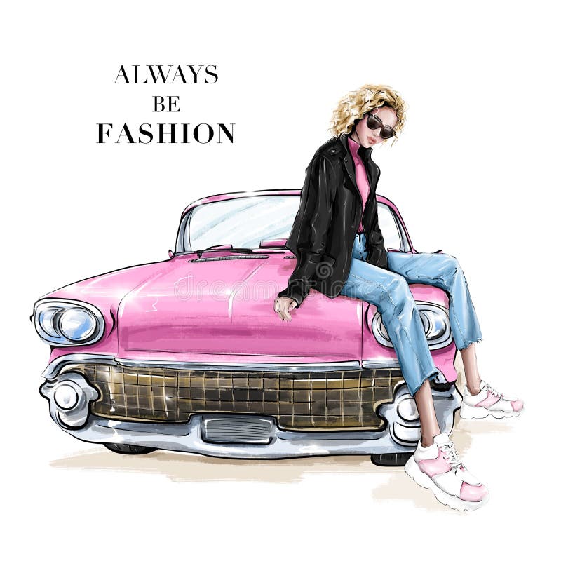 Modeflicka som sitter på retro-bilen. vacker blond hårflicka i solglasögon. modeillustration. royaltyfri illustrationer