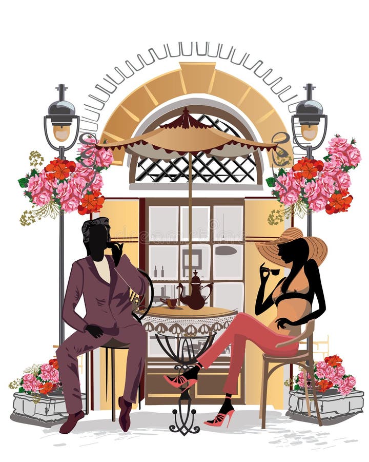 Modefolk i gatakafét Gatakafé med blommor i den gamla staden vektor illustrationer