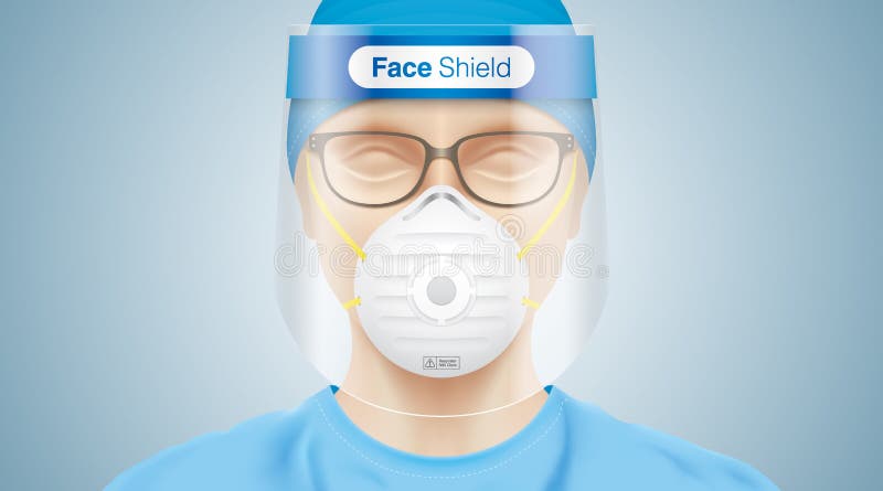 Doctor with a face shield, glasses and N95 mask. stock illustration