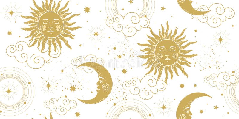 Model celest fără sudură, cu soare auriu și semilună pe fond alb, ornament boho pentru astrologie și tarot. royalty free illustration