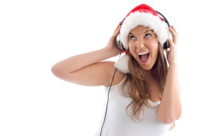 Model with christmas hat and headphone