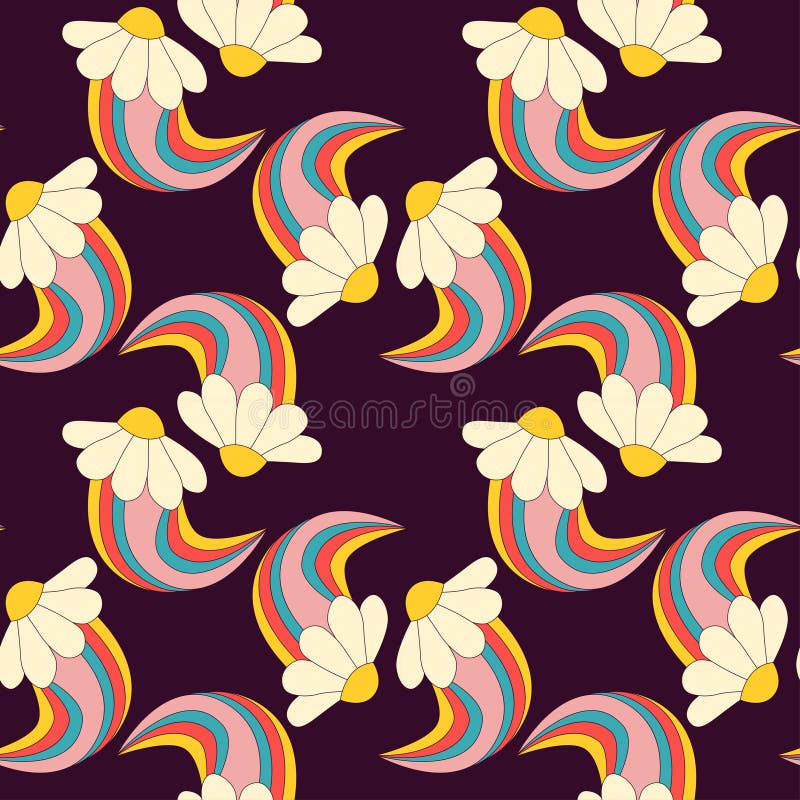 Model de curcubeu cu floare de Daisy din 1970. fundal retro hippie groovy. stil desen animat psihedelic 90 y2k vector illustration