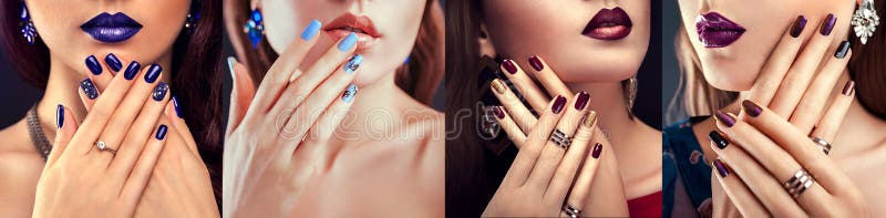 Model de modă pentru frumusețe cu design diferit pentru machiaj și unghii purtând bijuterii. set de manichiură. patru priviri eleg stock photo
