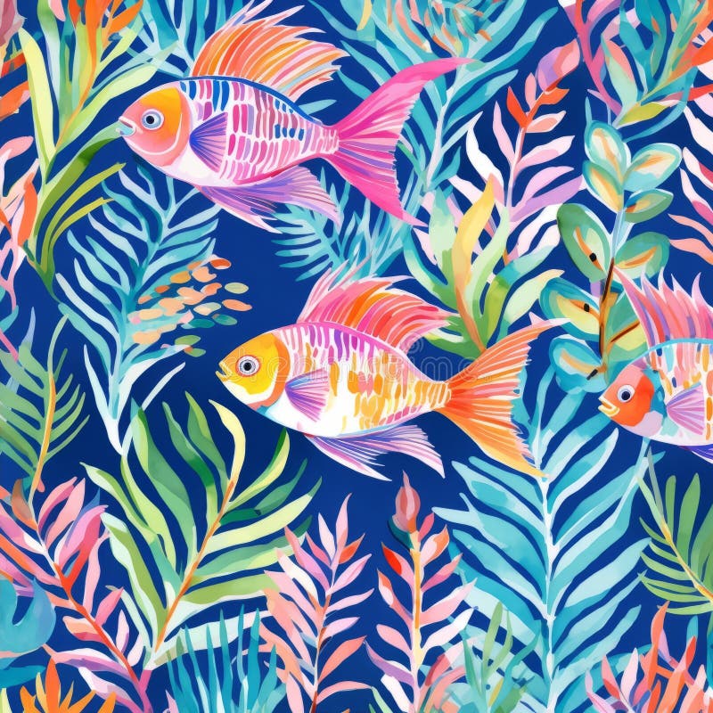 Model de pește tropical colorat în apă, cu culori vibrante și frunze de palmier stock illustration