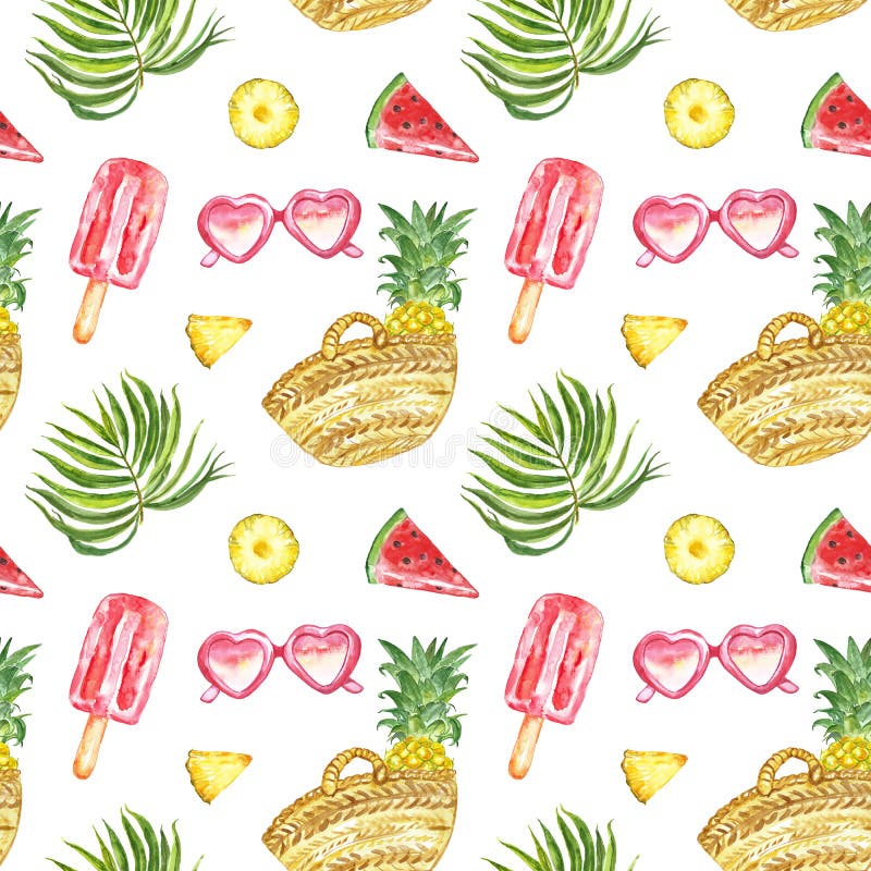 Model de vară acustică cu fructe proaspete, ochelari de soare și frunze de palmier tropicale pe fond alb vector illustration