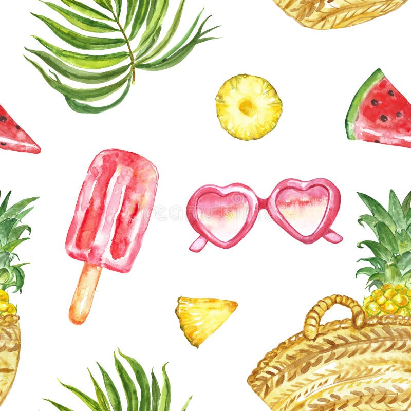 Model de vară acustică cu fructe proaspete, ochelari de soare și frunze de palmier tropicale pe fond alb vector illustration