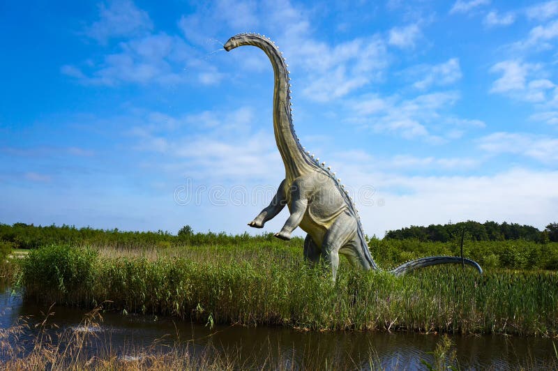 Model of dinosaur Seismosaur Diplodocus in Jurassic park in Leba, Poland