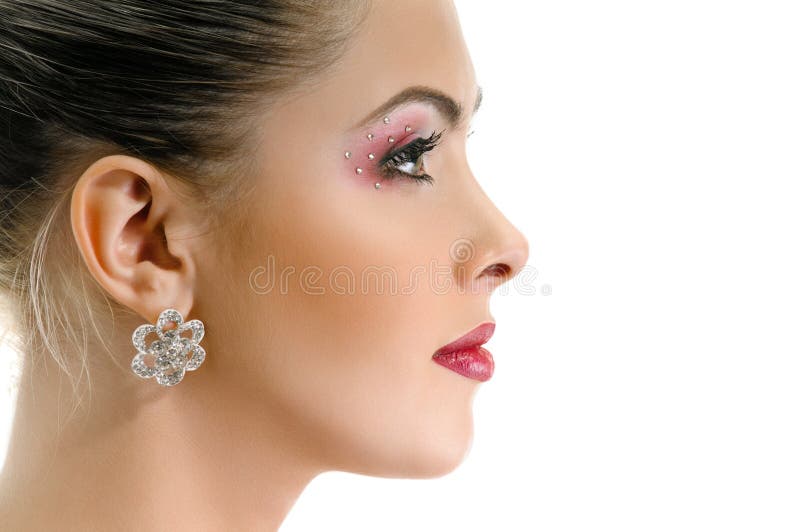 Model face, lips make-up, earring