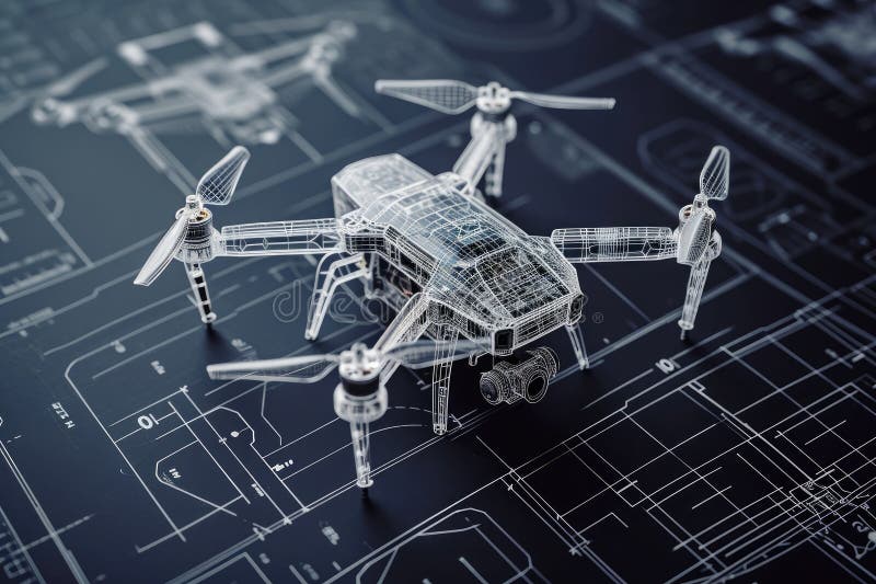 Model Flying Device on Blueprint, Designing the Future of Aviation, A detailed blueprint of a drone, stock illustration.
