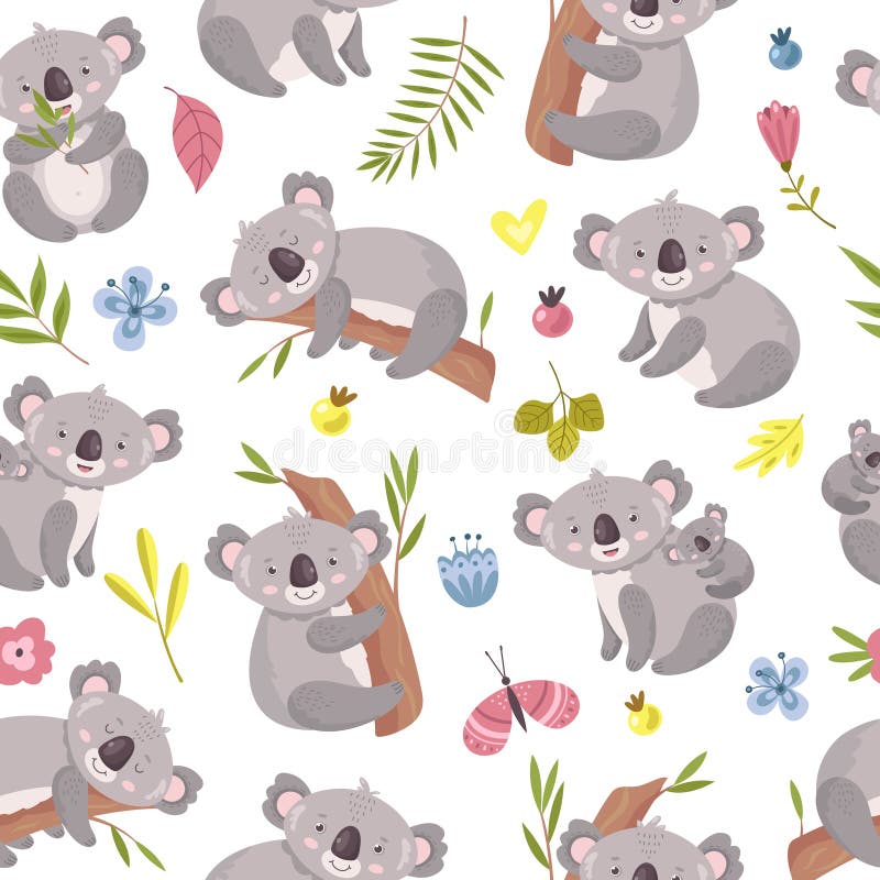 Model fără probleme koala. desen animat cu textură de urs australian drăguț. animale de pădure cu eucalipt și frunze. vector stock illustration