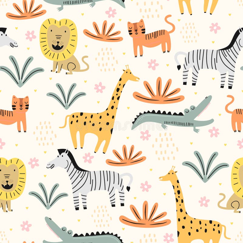 Model fără sudură cu animale sălbatice drăguțe, copilărești. grădina zoologică cu leu zebră crocodil pisică și girafă. adecvat pen royalty free illustration