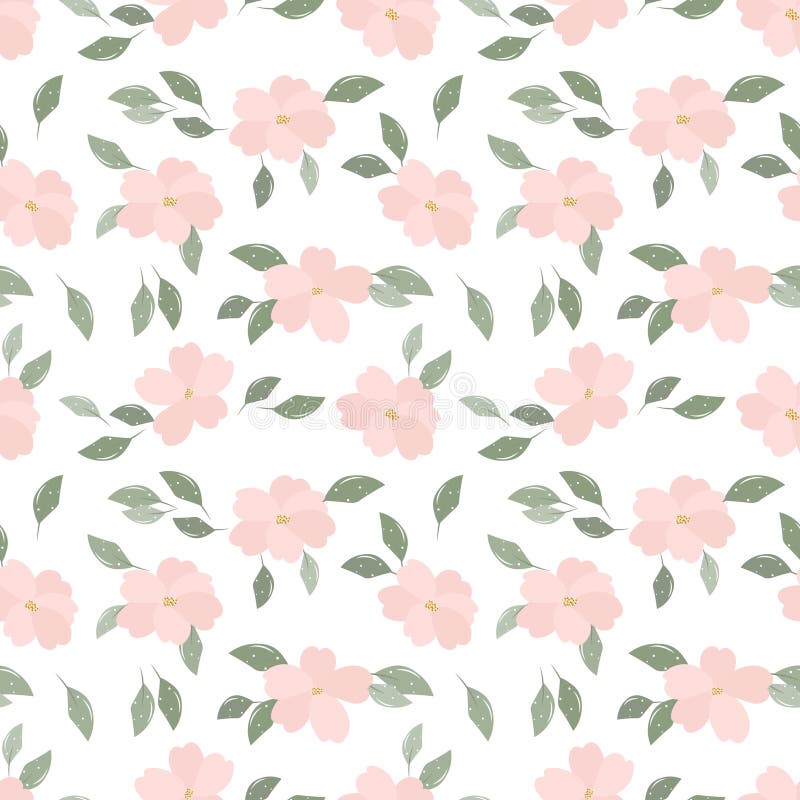 Model fără sudură, cu flori roz delicate și frunze verzi pe fond alb. Imprimare vector illustration
