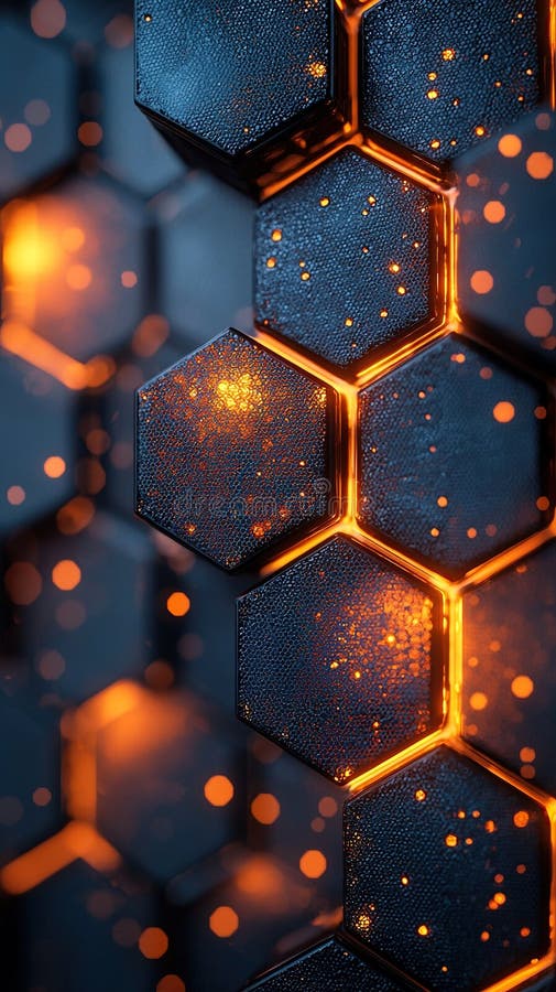Model hexagonal cu lumini strălucitoare portocalii și albastre pe fond întunecat. Un tipar hexagonal complex cu lumini portocalii și albastre strălucitoare pe un fundal întunecat, creând un efect vizual fascinant. proiectarea sugerează o temă digitală sau tehnologică.