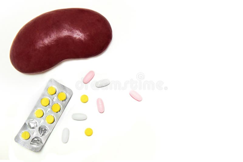 Model of human kidney surrounded by blister packs with yellow pills and tablets of various shapes and colors on white background w