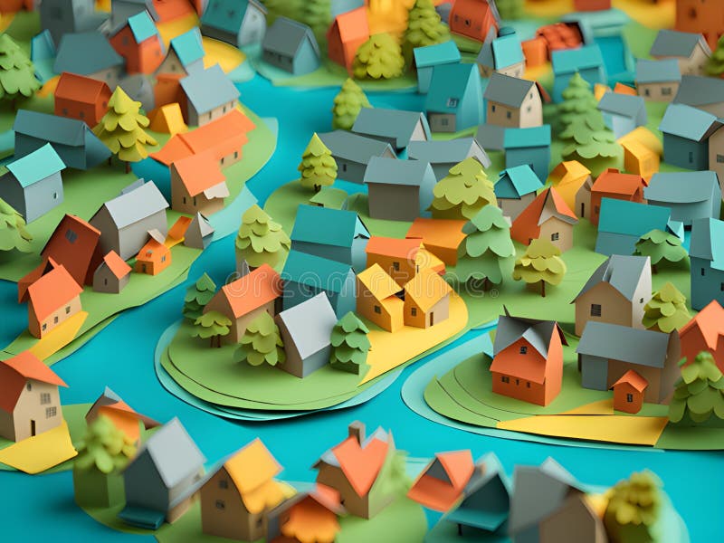Model izometryczny 3d. miasto i krajobraz. sztuka papieru ilustracja wektor