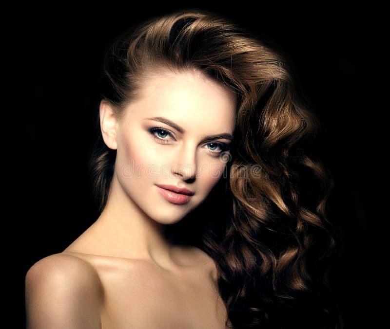 Model with Long Hair on a Black Background. Waves Curls Hairstyle. Hair  Salon. Updo. Fashion Model with Shiny Hair Stock Photo - Image of gloss,  pure: 120446650