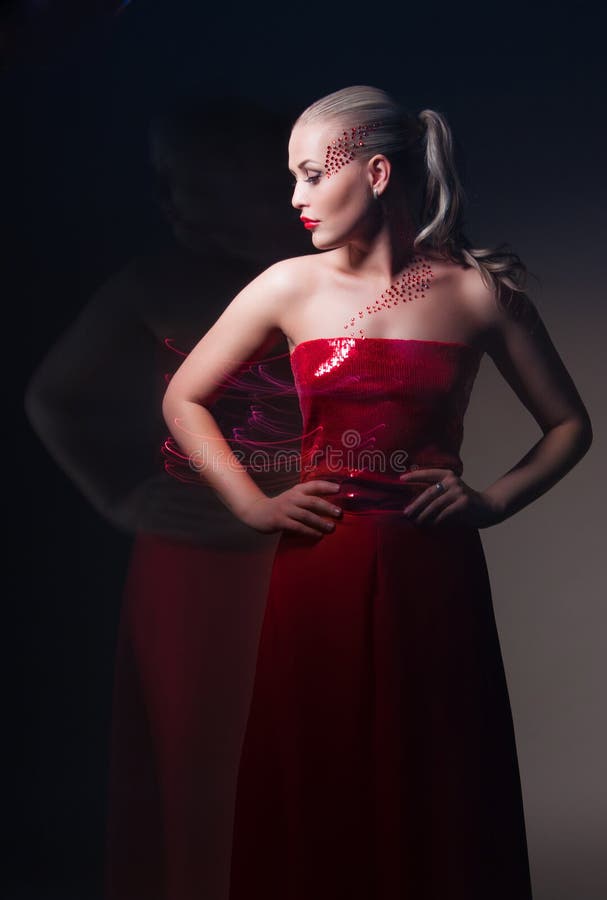 Model in Colorful Dress on Black Background Stock Image Image of