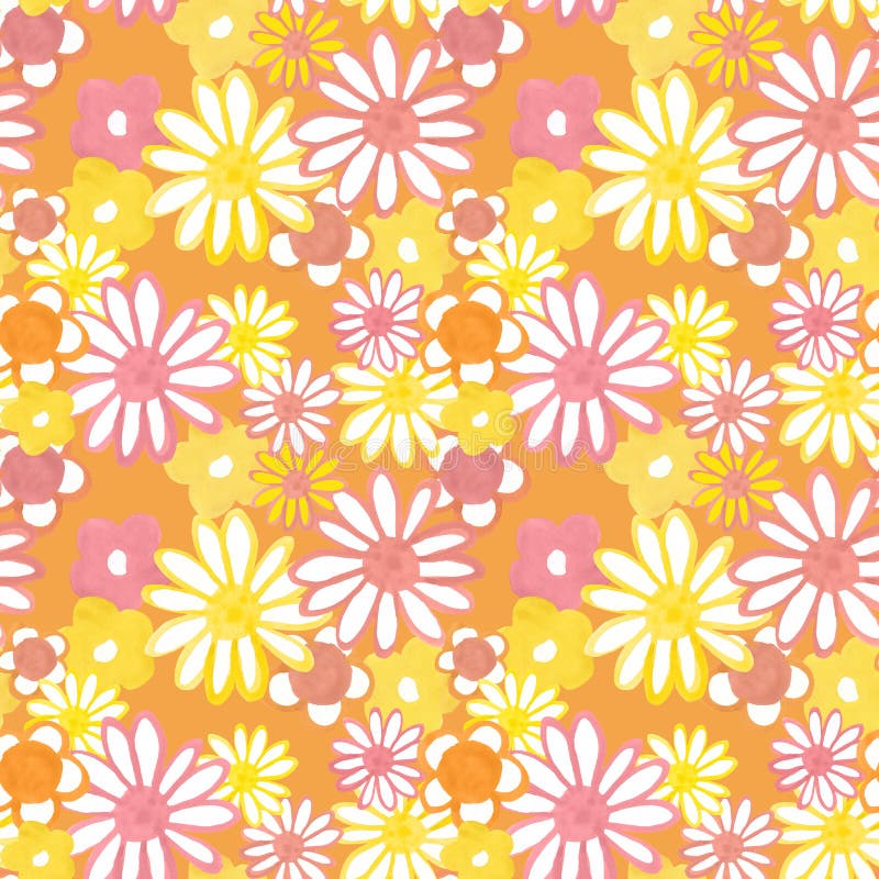 Model retro 60. flori roz și galbene de margini pe fond portocaliu. imprimare bohemiană. putere floarea stock illustration