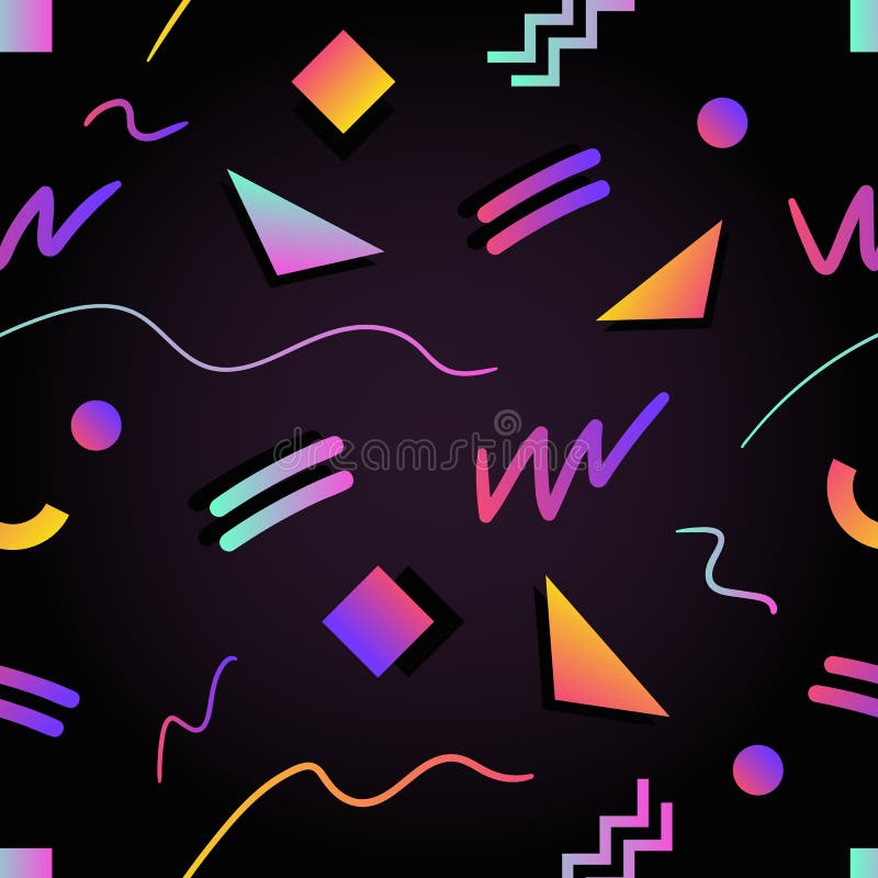 Model retro-futurist fără sudură, cu pătrate colorate în gradient, triunghiuri în zigzag și linii curbate pe negru stock illustration