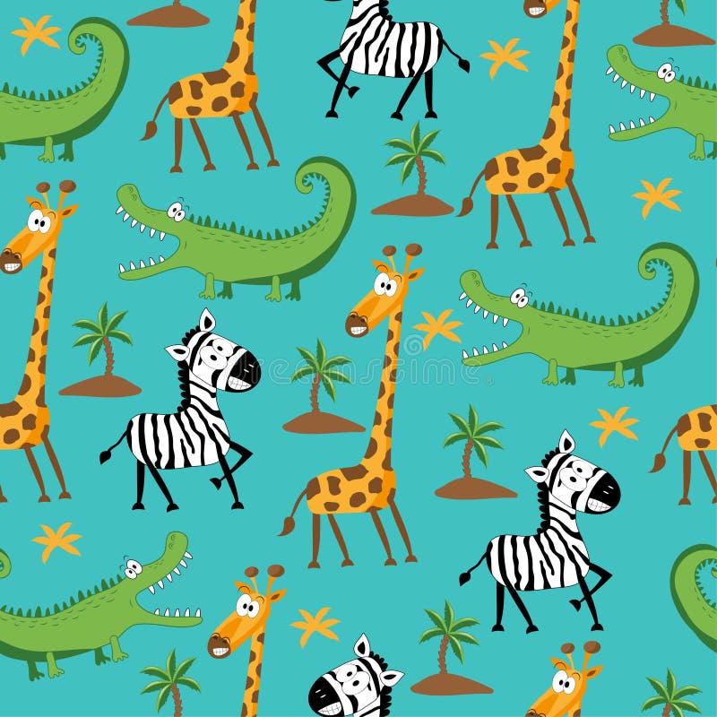 Model safari fără sudură: girafa zebră și girafa trasă manual de crocodil. vector illustration