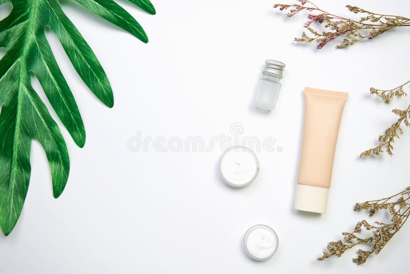 Model van kosmetische roomfles, Lege etiketpakket en ingrediënten op een groene bladerenachtergrond royalty-vrije stock fotografie Model van kosmetische roomfles, Lege etiketpakket en ingrediënten op een groene bladerenachtergrond royalty-vrije stock fotografie