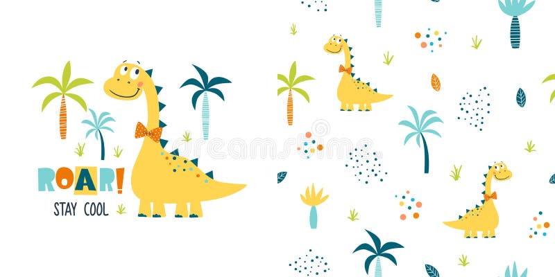 Model vectorial fără sudură și design de suprafață cu dinozauri drăguți stock illustration