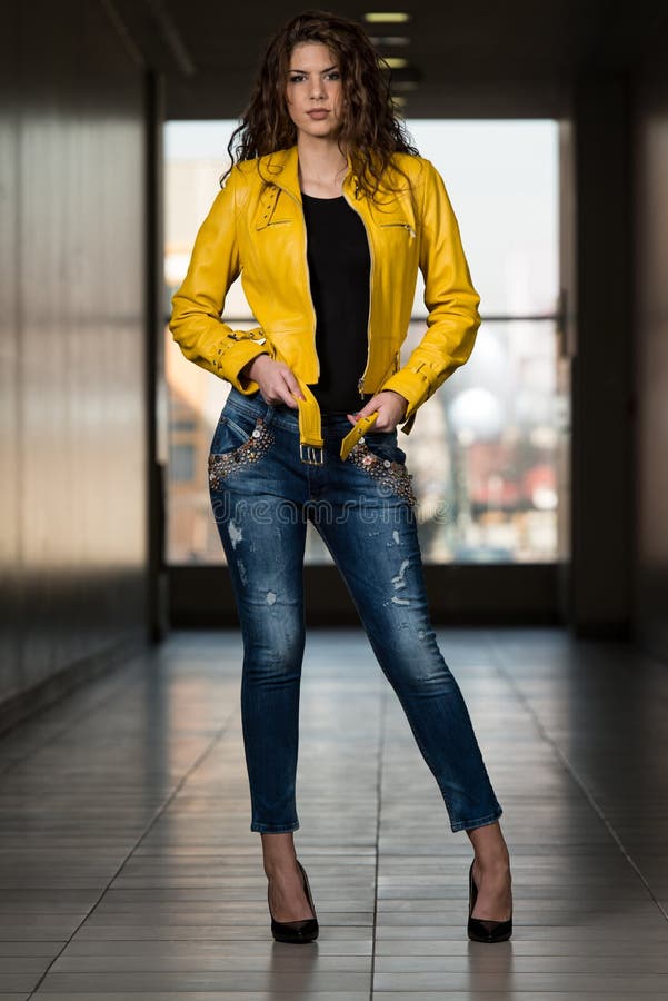 Model Wearing Yellow Leather Jacket