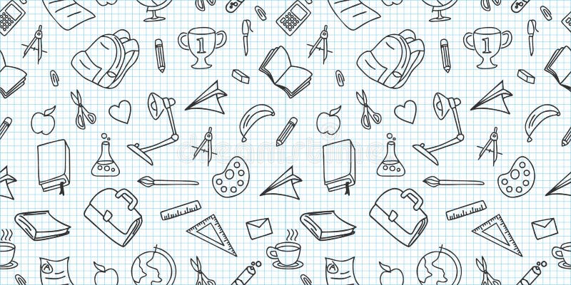 Model școlar fără sudură, cu provizii fixe și elemente creative care se ocupă de desenarea mâinilor. vector creativ drăguț royalty free illustration