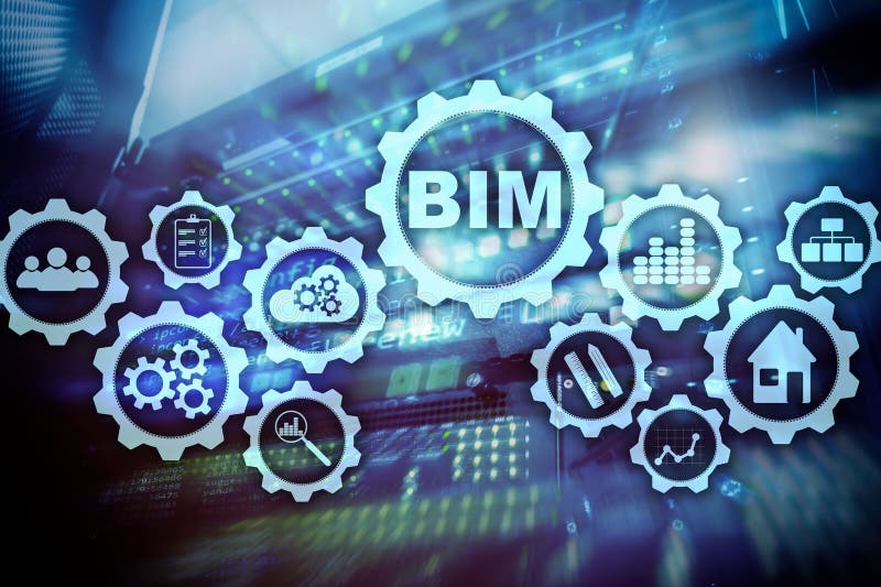 Modelado de la informaci?n del edificio BIM en la pantalla virtual con un fondo del centro de datos del servidor libre illustration Modelado de la informaci?n del edificio BIM en la pantalla virtual con un fondo del centro de datos del servidor libre illustration