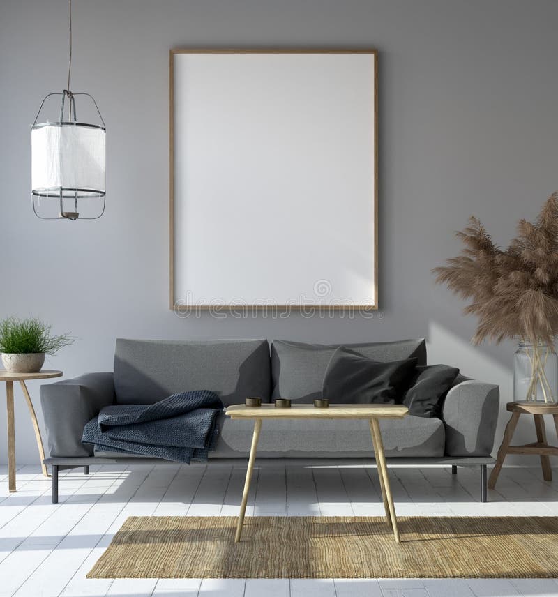 Modelaffiche in de binnenlandse, Skandinavische stijl van de hipsterwoonkamer royalty-vrije illustratie Modelaffiche in de binnenlandse, Skandinavische stijl van de hipsterwoonkamer royalty-vrije illustratie