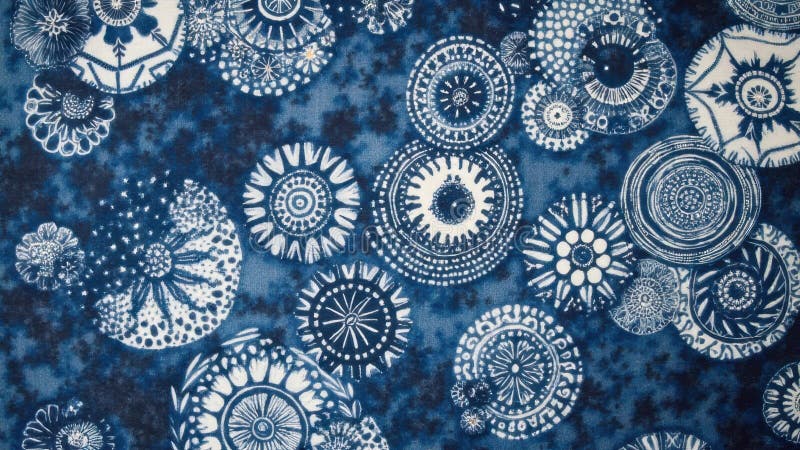 Modele circulare albastre și albe complicate pe fundal textil stock photo
