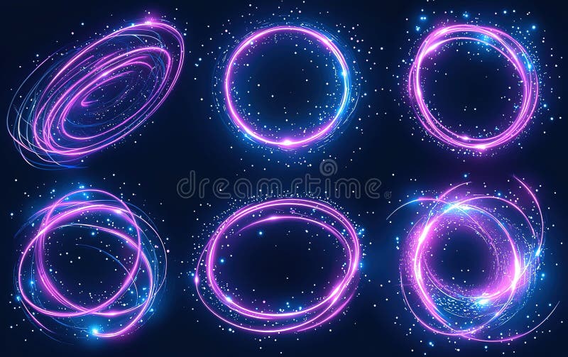 Modele de lumină abstractă colorată care creează forme circulare dinamice pe un fundal întunecat stock illustration