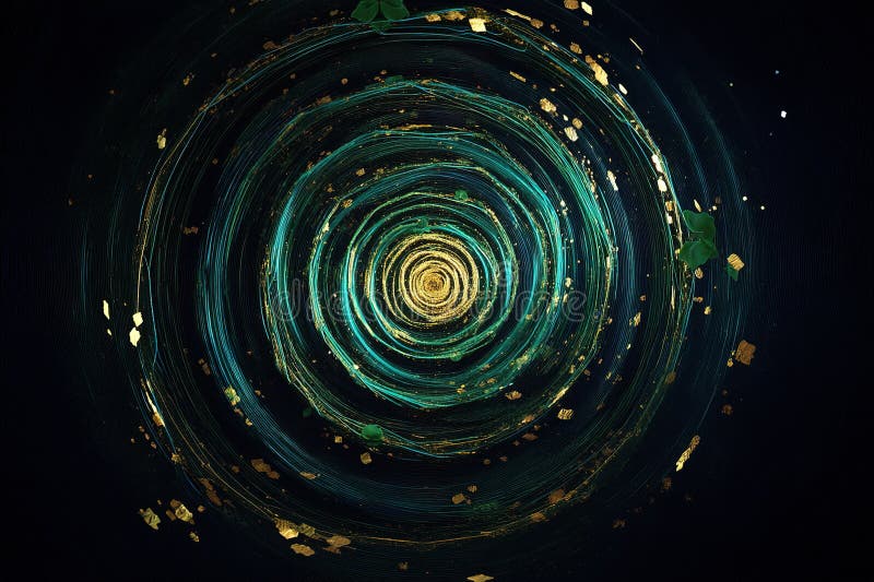 Modelele rotative de aur și verde creează o experiență vizuală abstractă într-un mediu întunecat stock illustration