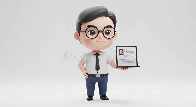 Modeler 3D Chibi con portafoglio di Tablet digitale isolato sullo sfondo bianco illustrazione di stock