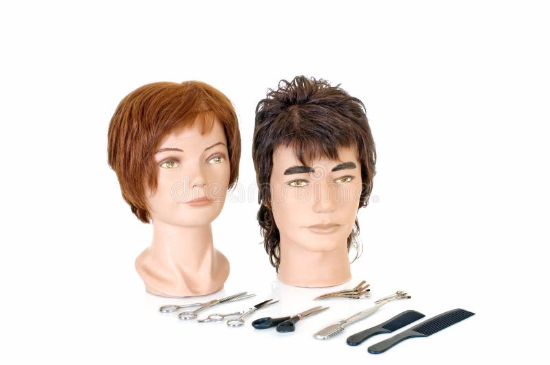 Modeling heads. For hairdressers and makeup artist on white background, reflective surface, studio shot royalty free stock photos Modeling heads. For hairdressers and makeup artist on white background, reflective surface, studio shot royalty free stock photos