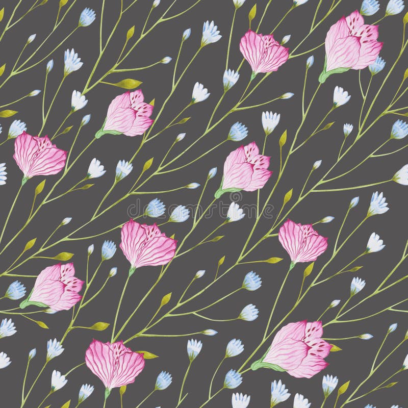 Modell av tunt ris för vattenfärg med blåa och rosa blommor på en grå bakgrund vektor illustrationer Modell av tunt ris för vattenfärg med blåa och rosa blommor på en grå bakgrund vektor illustrationer
