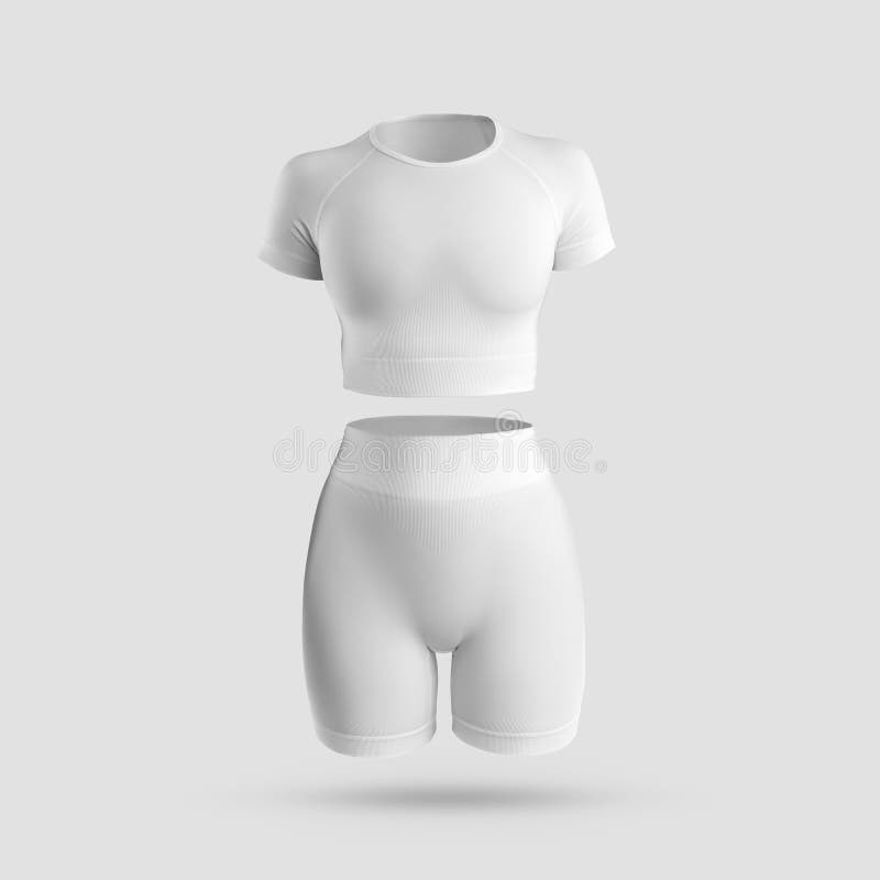 Modell eines weißen Sportanzug für Laufen 3D Rendering geschnitten Top Taille Shorts Kompressions-T-Shirt für Yoga Fitness