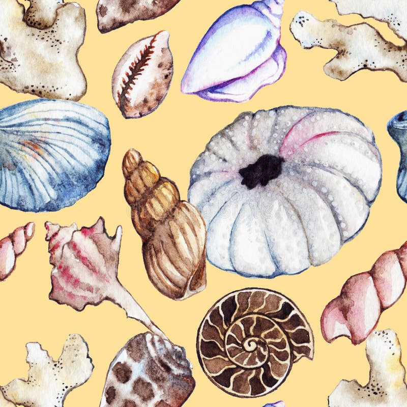Modell för gatubarn för ammonit för korall för snäckskal för seahorse för vattenfärghavshav sömlös royaltyfri illustrationer Modell för gatubarn för ammonit för korall för snäckskal för seahorse för vattenfärghavshav sömlös royaltyfri illustrationer