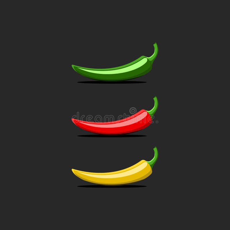 Modell för logo för peppar för varm chili, röd mexicansk jalapeno, grön gul färgvektoruppsättning som isoleras på svart bakgrund vektor illustrationer Modell för logo för peppar för varm chili, röd mexicansk jalapeno, grön gul färgvektoruppsättning som isoleras på svart bakgrund vektor illustrationer