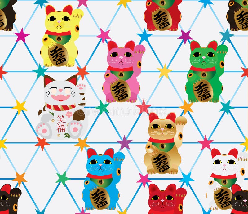 Modell för symmetri för Maneki Neko sexhörningsstjärna sömlös vektor illustrationer Modell för symmetri för Maneki Neko sexhörningsstjärna sömlös vektor illustrationer