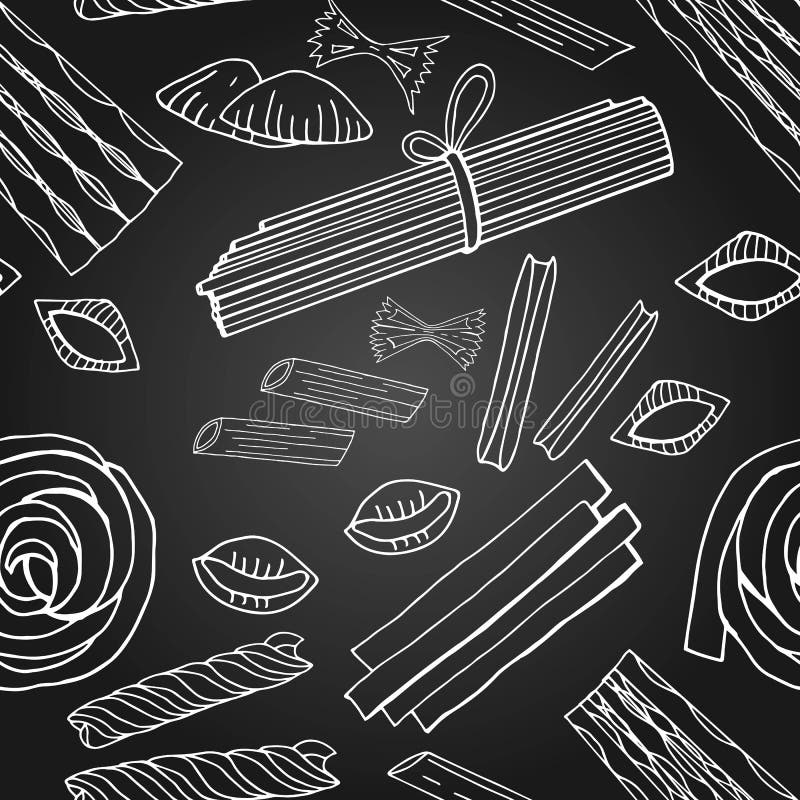 Modell för utdragen pasta för vektor för tappninghand sömlös italiensk på svart bakgrund stock illustrationer Modell för utdragen pasta för vektor för tappninghand sömlös italiensk på svart bakgrund stock illustrationer
