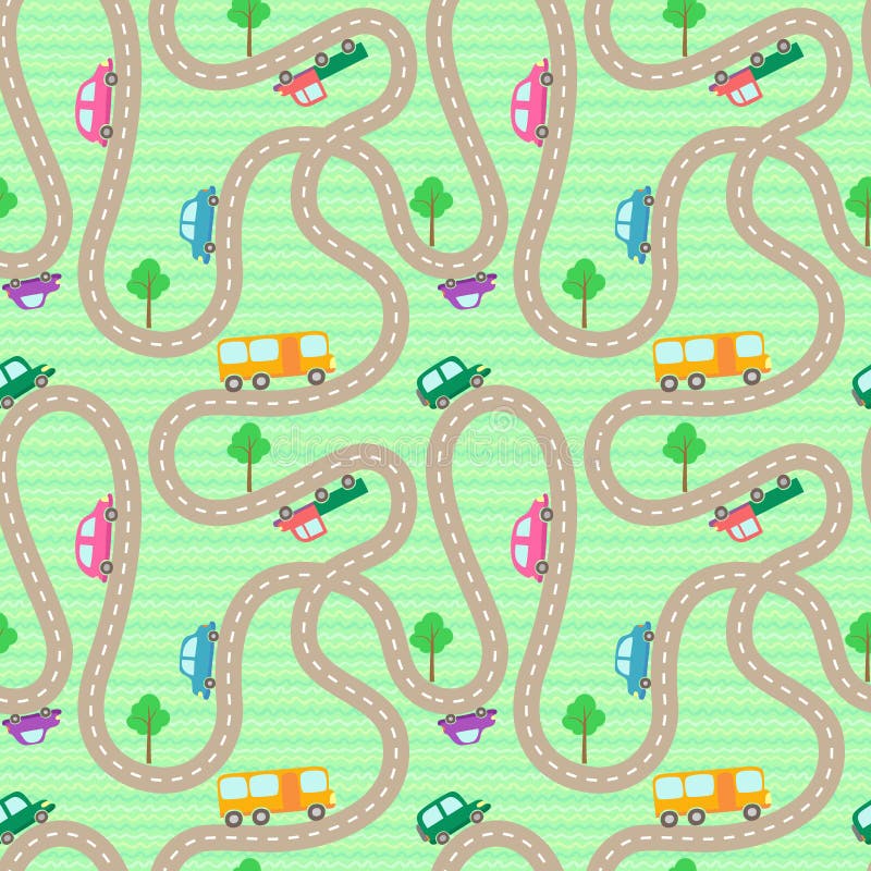 Modell med bilar för tecknad filmvägannons stock illustrationer Modell med bilar för tecknad filmvägannons stock illustrationer
