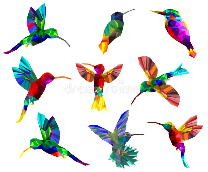 Modell med den låga poly färgrika kolibrin på vitbaksidajordning, isolerat djurt geometriskt, samling av fåglar begrepp, vektor vektor illustrationer Modell med den låga poly färgrika kolibrin på vitbaksidajordning, isolerat djurt geometriskt, samling av fåglar begrepp, vektor vektor illustrationer