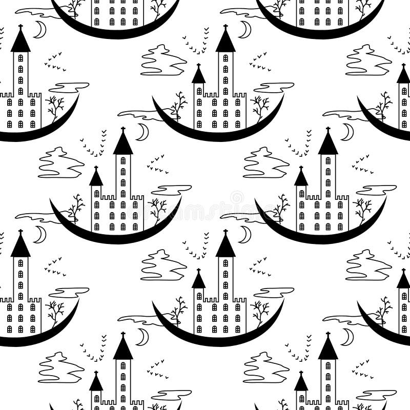 Modell på ett tema av halloween med låset från konturer och träd vektor illustrationer Modell på ett tema av halloween med låset från konturer och träd vektor illustrationer